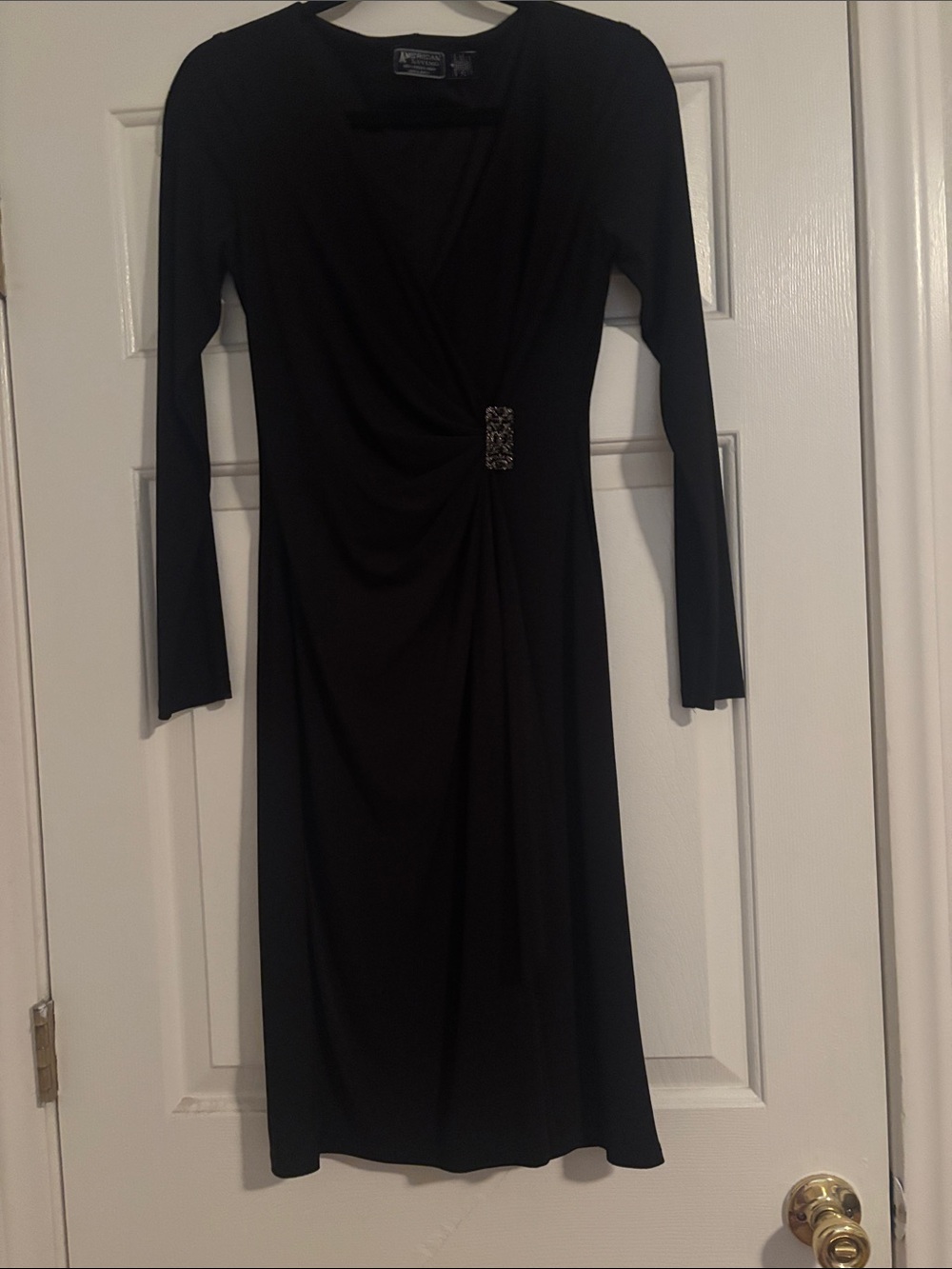 American Living Black Long-Sleeve V-Neck Dress with Rhinestone Waist Accent
